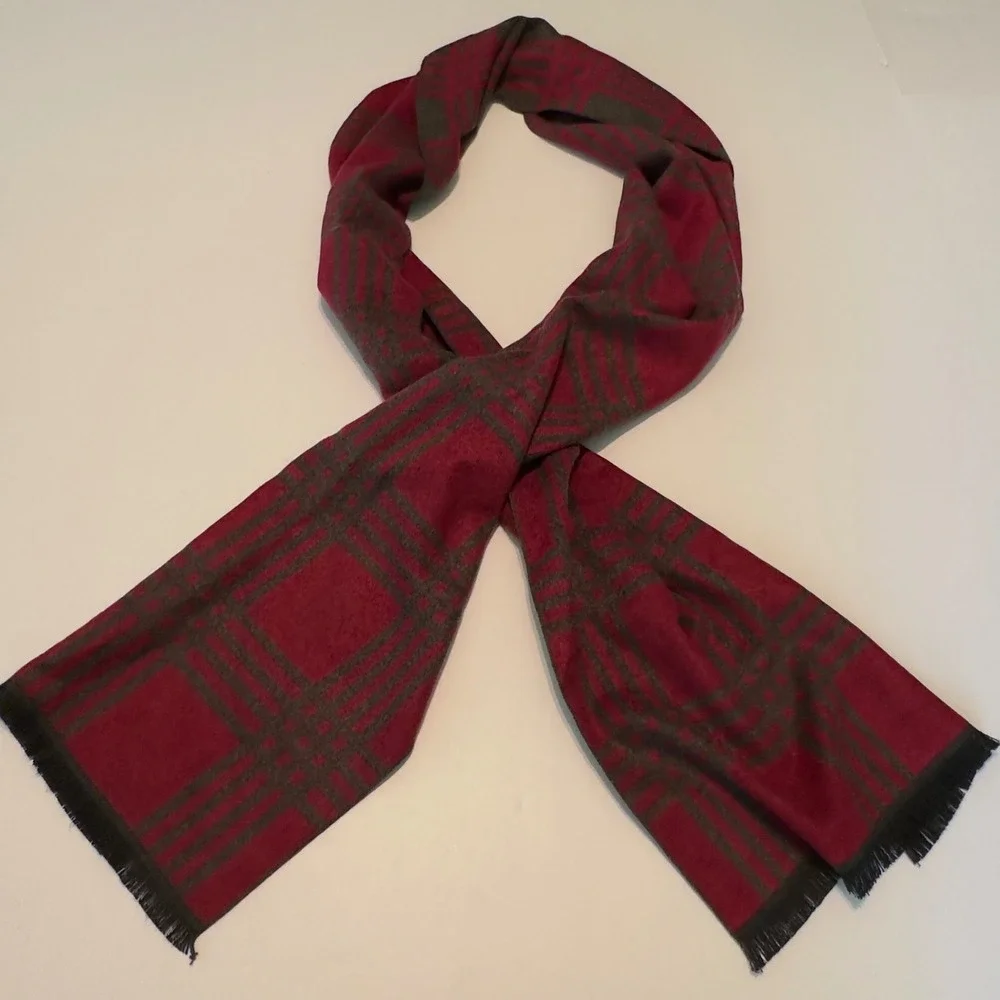 Couthie Red Charcoal Grey Plaid Scarf Scotland Cashmere Feel Acrylic Fringed